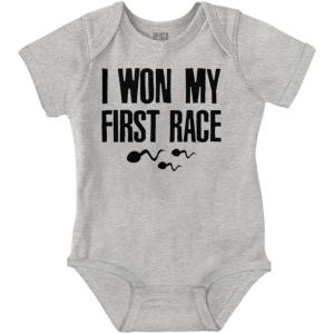 Brisco Brands Funny I Won My First Race Joke Baby Romper Boys or Girls(Heather)