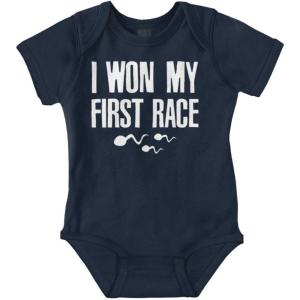 Brisco Brands Funny I Won My First Race Joke Baby Romper Boys or Girls(Navy)