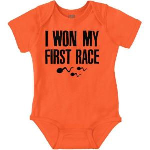 Brisco Brands Funny I Won My First Race Joke Baby Romper Boys or Girls(Orange)