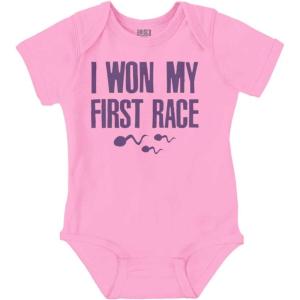 Brisco Brands Funny I Won My First Race Joke Baby Romper Boys or Girls(Pink)