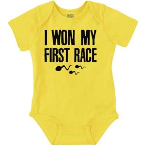 Brisco Brands Funny I Won My First Race Joke Baby Romper Boys or Girls(Zest)