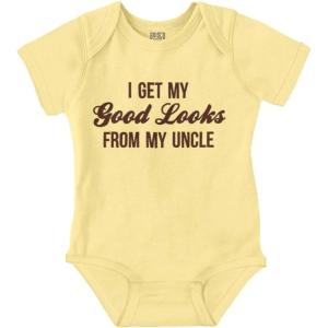 Brisco Brands I Get My Good Looks From My Uncle Baby Romper Boys or Girls(Banana)