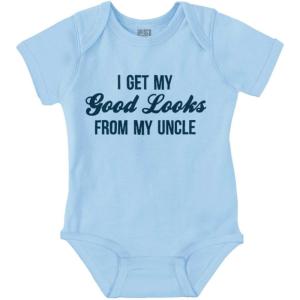 Brisco Brands I Get My Good Looks From My Uncle Baby Romper Boys or Girls(Light Blue)