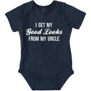 Brisco Brands I Get My Good Looks From My Uncle Baby Romper Boys or Girls(Navy)