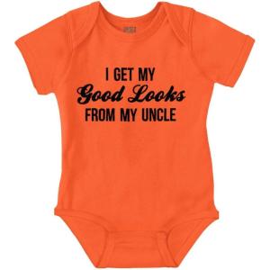 Brisco Brands I Get My Good Looks From My Uncle Baby Romper Boys or Girls(Orange)