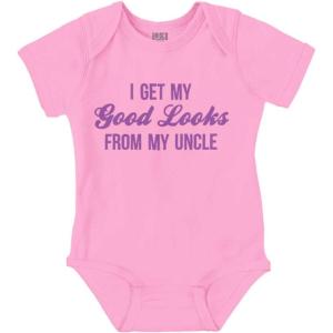 Brisco Brands I Get My Good Looks From My Uncle Baby Romper Boys or Girls(Pink)