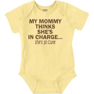 Brisco Brands Mommy Thinks She’s in Charge Funny Baby Romper Boys or Girls(Banana)
