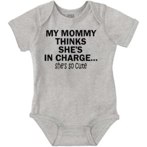 Brisco Brands Mommy Thinks She’s in Charge Funny Baby Romper Boys or Girls(Heather)