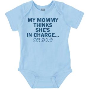 Brisco Brands Mommy Thinks She’s in Charge Funny Baby Romper Boys or Girls(Light Blue)