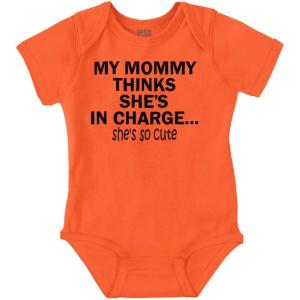Brisco Brands Mommy Thinks She’s in Charge Funny Baby Romper Boys or Girls(Orange)