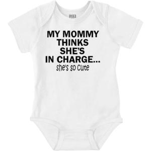 Brisco Brands Mommy Thinks She’s in Charge Funny Baby Romper Boys or Girls(White)