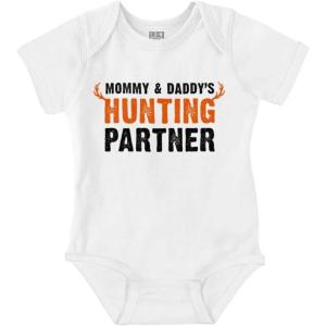 Brisco Brands Mommy and Daddy’s Hunting Partner Baby Romper Boys or Girls(White)
