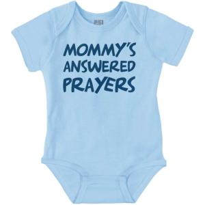 Brisco Brands Mommy’s Answered Prayer Religious Baby Romper Boys or Girls(Light Blue)