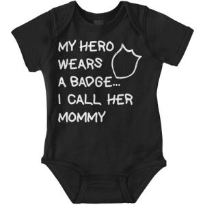 Brisco Brands My Hero Wears Badge I Call Her Mommy Baby Romper Boys or Girls(Black)