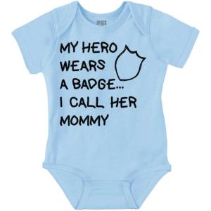 Brisco Brands My Hero Wears Badge I Call Her Mommy Baby Romper Boys or Girls(Light Blue)