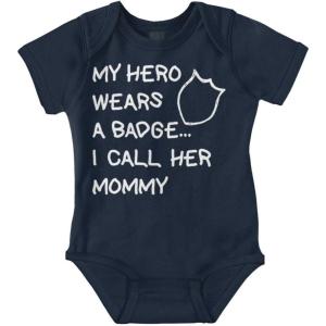 Brisco Brands My Hero Wears Badge I Call Her Mommy Baby Romper Boys or Girls(Navy)