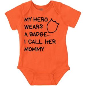 Brisco Brands My Hero Wears Badge I Call Her Mommy Baby Romper Boys or Girls(Orange)