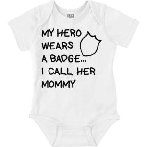 Brisco Brands My Hero Wears Badge I Call Her Mommy Baby Romper Boys or Girls(White)