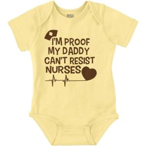 Brisco Brands Proof Daddy Can’t Resist Nurses Heart Baby Romper Boys or Girls(Banana)