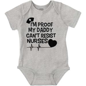 Brisco Brands Proof Daddy Can’t Resist Nurses Heart Baby Romper Boys or Girls(Heather)