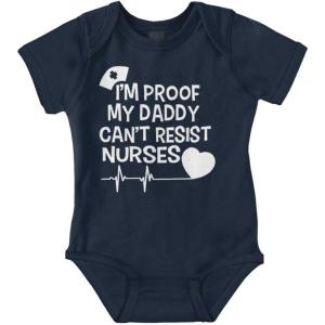 Brisco Brands Proof Daddy Can’t Resist Nurses Heart Baby Romper Boys or Girls(Navy)