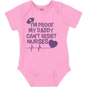 Brisco Brands Proof Daddy Can’t Resist Nurses Heart Baby Romper Boys or Girls(Pink)