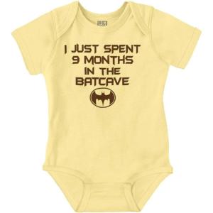 Brisco Brands Spent 9 Months in the Cave Superhero Baby Romper Boys or Girls(Banana)