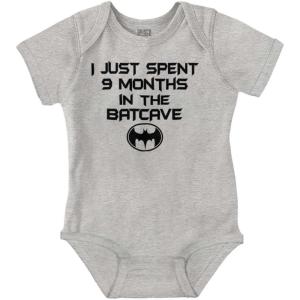 Brisco Brands Spent 9 Months in the Cave Superhero Baby Romper Boys or Girls(Heather)
