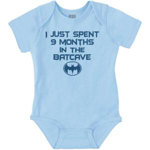 Brisco Brands Spent 9 Months in the Cave Superhero Baby Romper Boys or Girls(Light Blue)