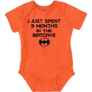 Brisco Brands Spent 9 Months in the Cave Superhero Baby Romper Boys or Girls(Orange)