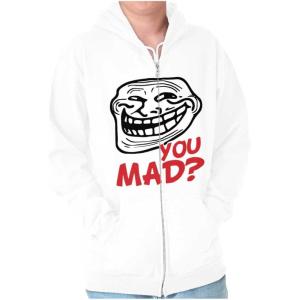 Brisco Brands Troll Face You Mad Trollface Meme Zip Up Hoodie Mens Womens(White)