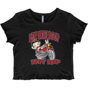 Cool Betty Boop Biker Ride Cartoon Juniors Lettuce Trim Crop Top Womens Baby Tee(Black)