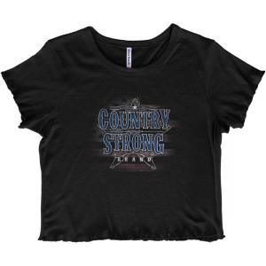 Country Strong Cowboy Western Star Juniors Lettuce Trim Crop Top Womens Baby Tee(Black)