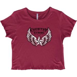 Country Strong Cute Angels Wings Star Juniors Lettuce Trim Crop Top Womens Baby Tee(Burgundy)