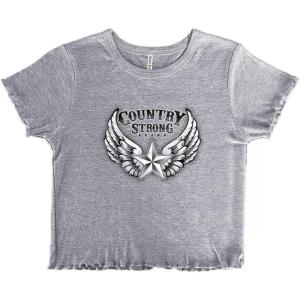 Country Strong Cute Angels Wings Star Juniors Lettuce Trim Crop Top Womens Baby Tee(Sport Grey)