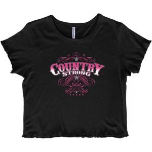 Country Strong Western Stars Cowgirl Juniors Lettuce Trim Crop Top Womens Baby Tee(Black)