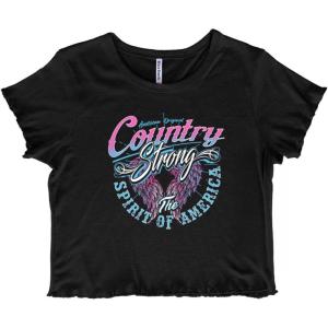 Cute Spirit of America Angel Wings Juniors Lettuce Trim Crop Top Womens Baby Tee(Black)