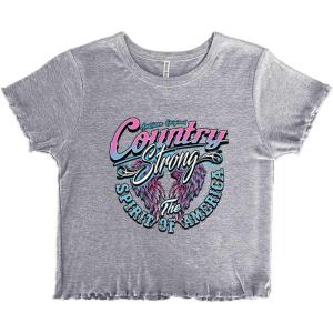 Cute Spirit of America Angel Wings Juniors Lettuce Trim Crop Top Womens Baby Tee(Sport Grey)