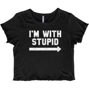I’m with Stupid Classic Rude Insult Juniors Lettuce Trim Crop Top Womens Baby Tee(Black)