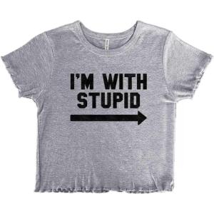 I’m with Stupid Classic Rude Insult Juniors Lettuce Trim Crop Top Womens Baby Tee(Sport Grey)