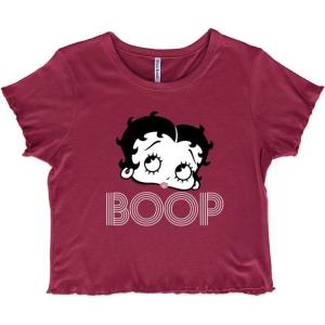 Retro Betty Boop Cartoon Character Juniors Lettuce Trim Crop Top Womens Baby Tee(Burgundy)