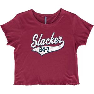 Slacker 247 Couch Potato Lazy Funny Juniors Lettuce Trim Crop Top Womens Baby Tee(Burgundy)