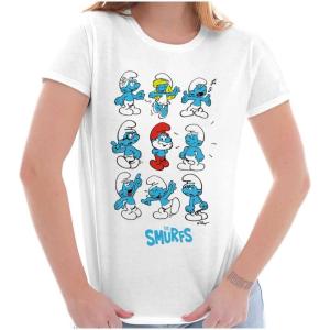 Smurfs Squad Papa Smurfette Cartoon Womens Slim Fit Graphic Tee(White)