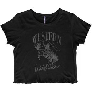 Vintage Cowboy Western Wildflower Juniors Lettuce Trim Crop Top Womens Baby Tee(Black)