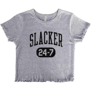 Vintage Retro Slacker 90s Throwback Juniors Lettuce Trim Crop Top Womens Baby Tee(Sport Grey)