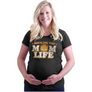 Womens Maternity Garfield Cartoon Rocking Mom Life T Shirt Tee(Black)