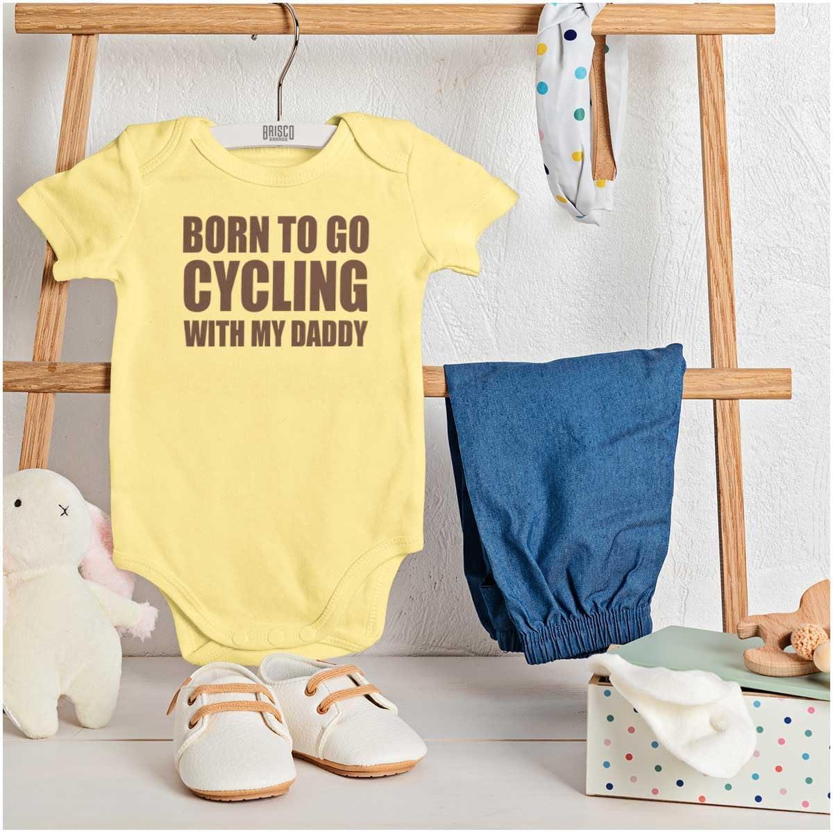 imageBrisco Brands Born To Go Cycling With My Daddy Baby Romper Boys or GirlsBanana
