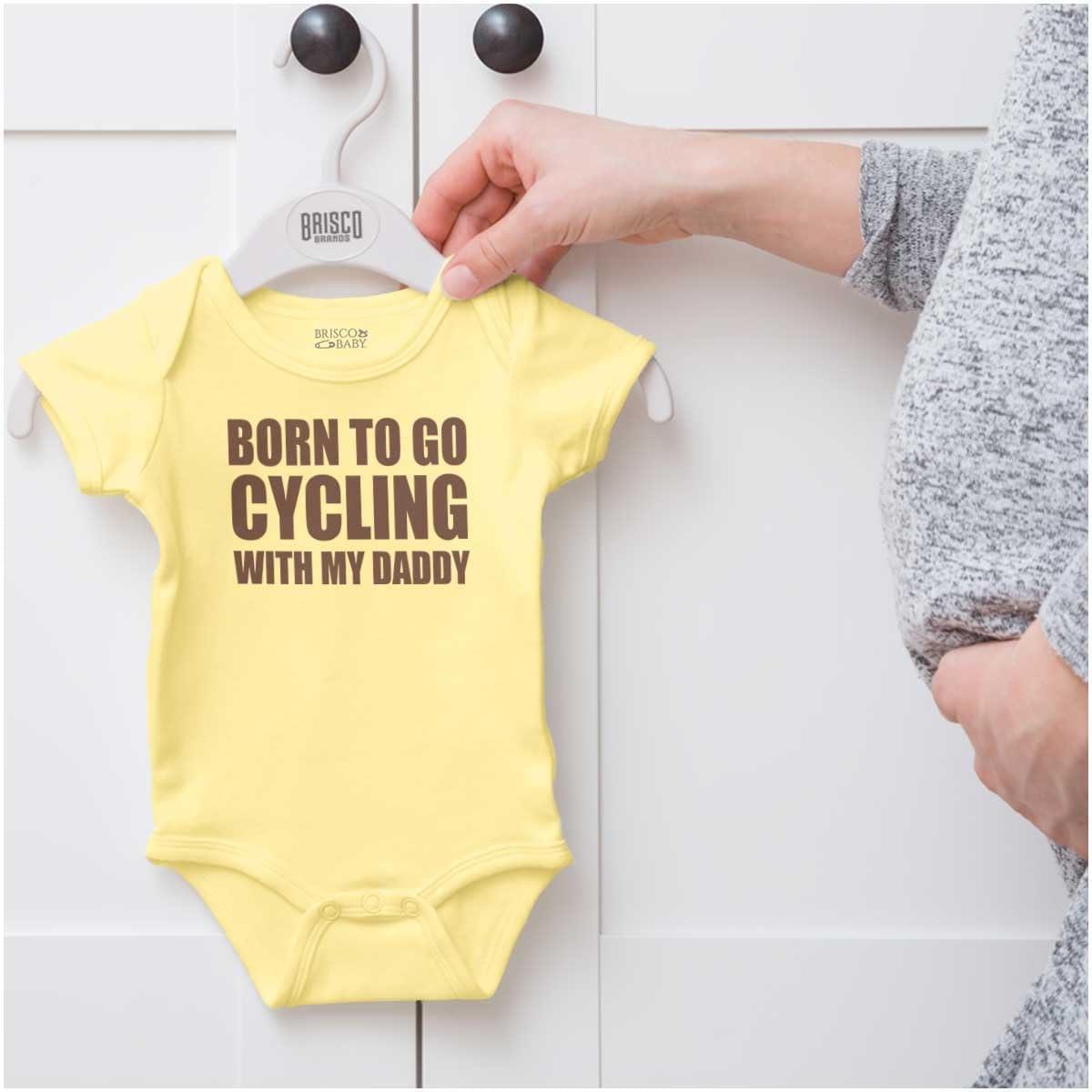 imageBrisco Brands Born To Go Cycling With My Daddy Baby Romper Boys or GirlsBanana