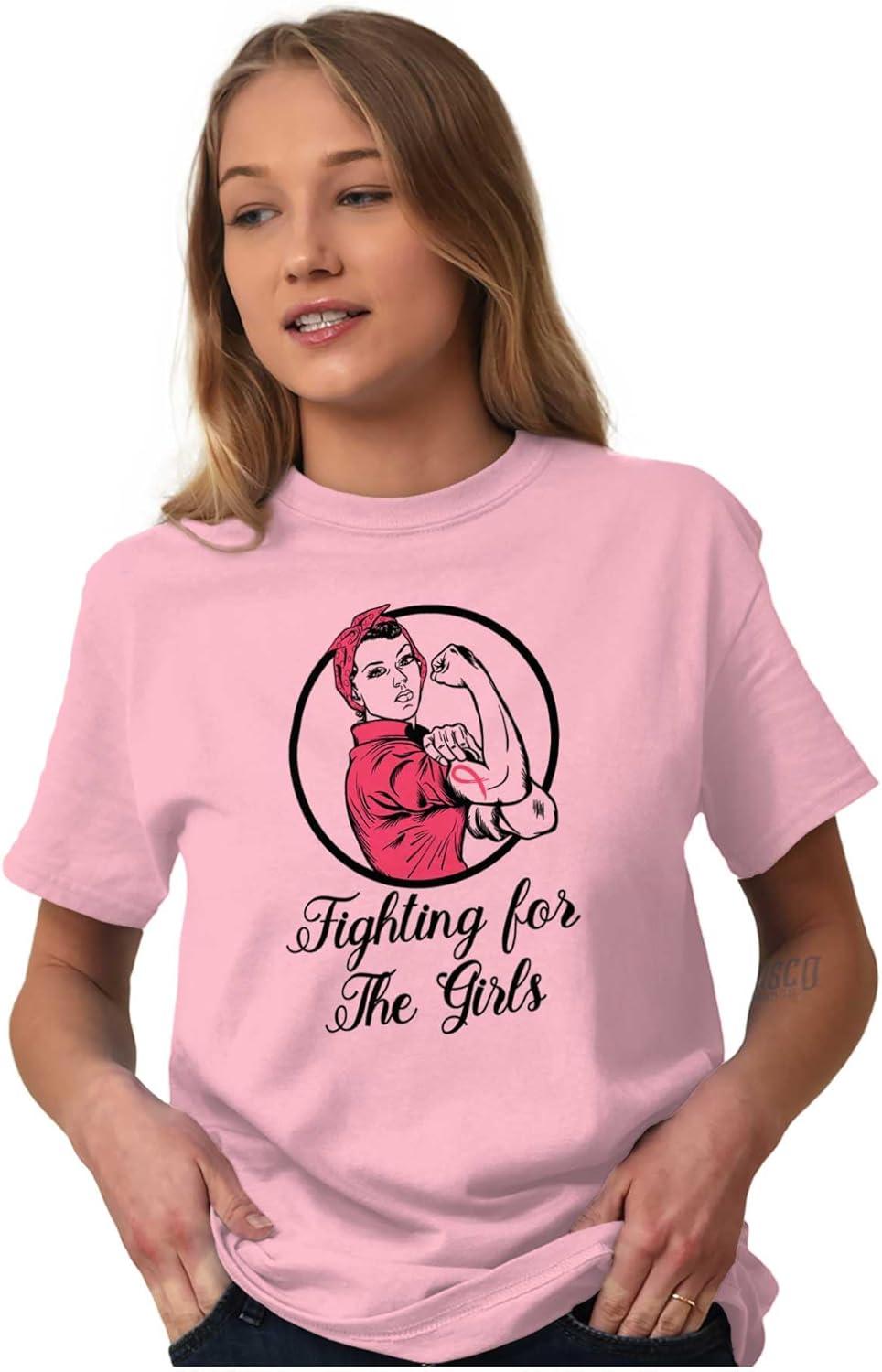 imageBrisco Brands Breast Cancer Fighter Rosie Riveter Womens Graphic T Shirt TeesLight Pink