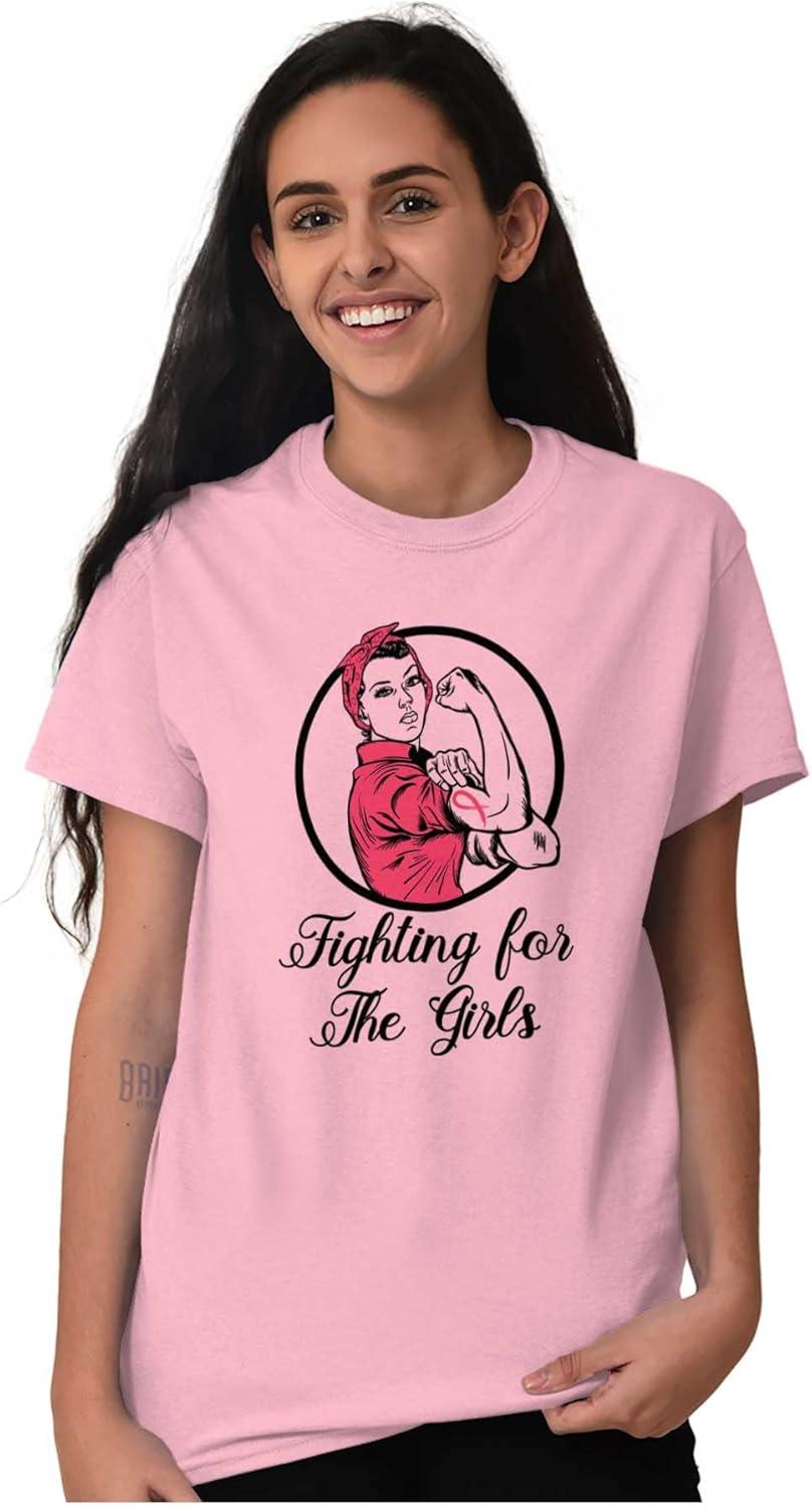 imageBrisco Brands Breast Cancer Fighter Rosie Riveter Womens Graphic T Shirt TeesLight Pink